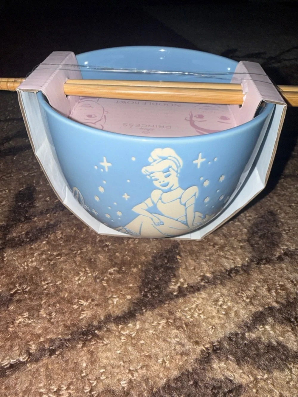 Disney Cinderella Engraved Blue Ceramic Ramen Noodle Bowl with Chopsticks- New